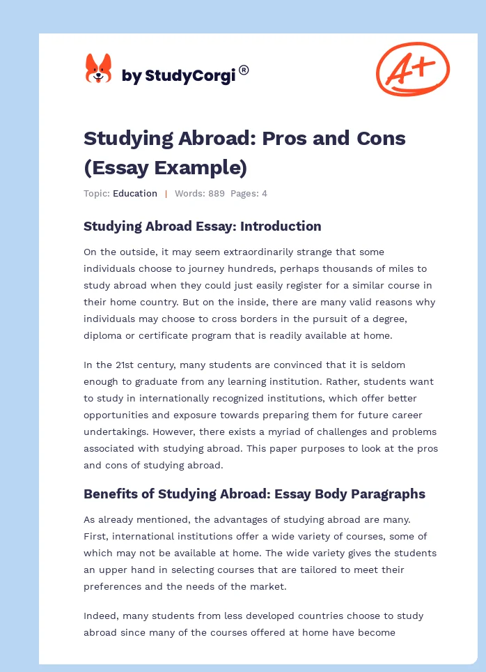 Studying Abroad: Pros and Cons (Essay Example). Page 1