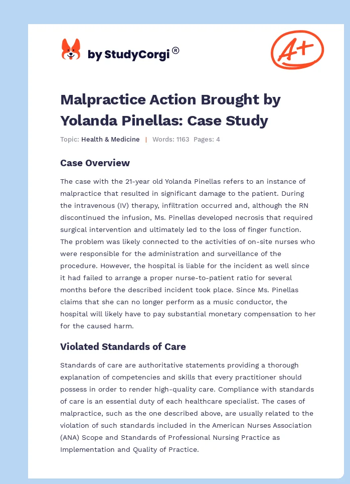 Malpractice Action Brought by Yolanda Pinellas: Case Study. Page 1