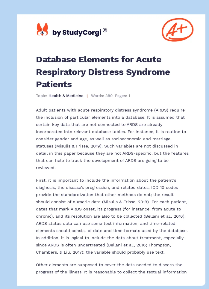 Database Elements for Acute Respiratory Distress Syndrome Patients. Page 1