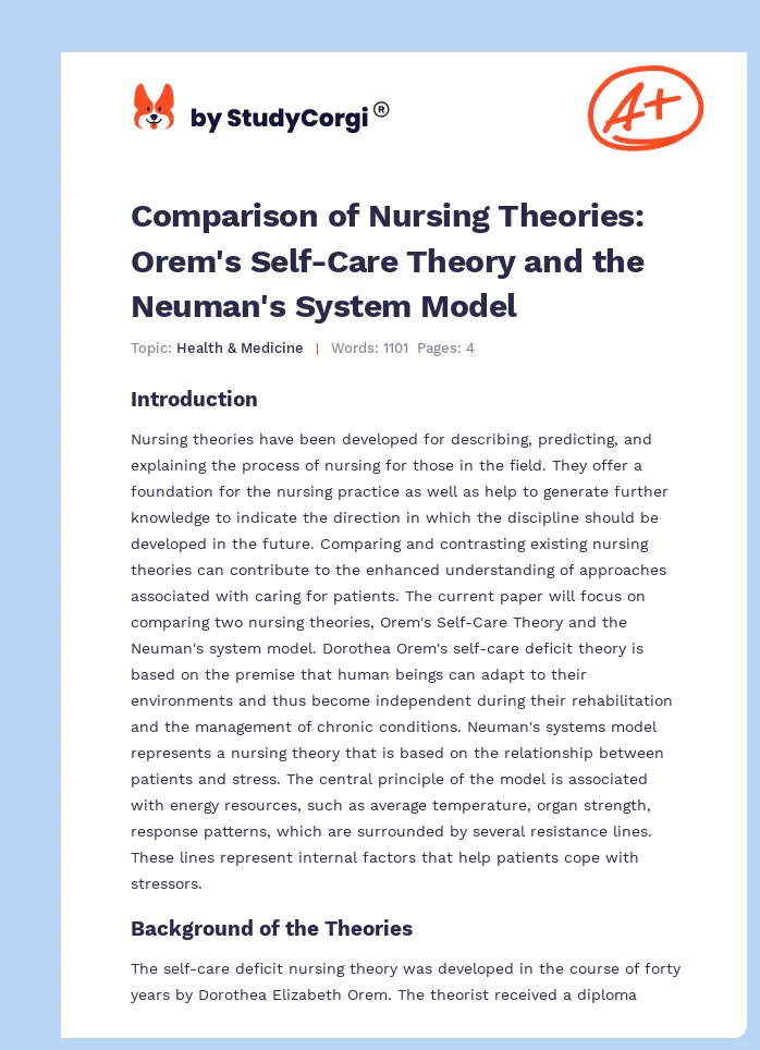 Comparison of Nursing Theories: Orem's Self-Care Theory and the Neuman's System Model. Page 1