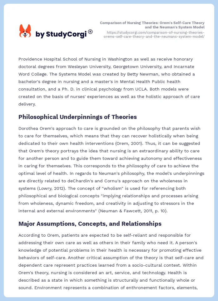 Comparison of Nursing Theories: Orem's Self-Care Theory and the Neuman's System Model. Page 2