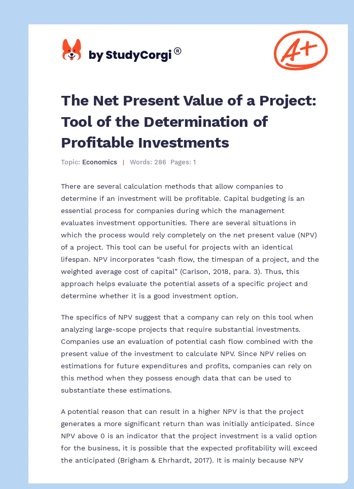 The Net Present Value of a Project: Tool of the Determination of Profitable Investments. Page 1