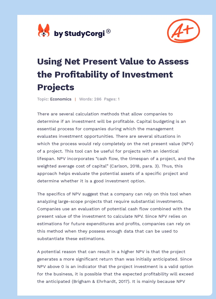 The Net Present Value of a Project: Tool of the Determination of Profitable Investments. Page 1