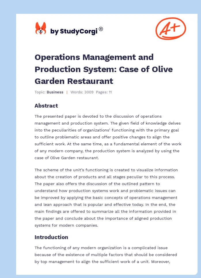 Operations Management and Production System: Case of Olive Garden Restaurant. Page 1