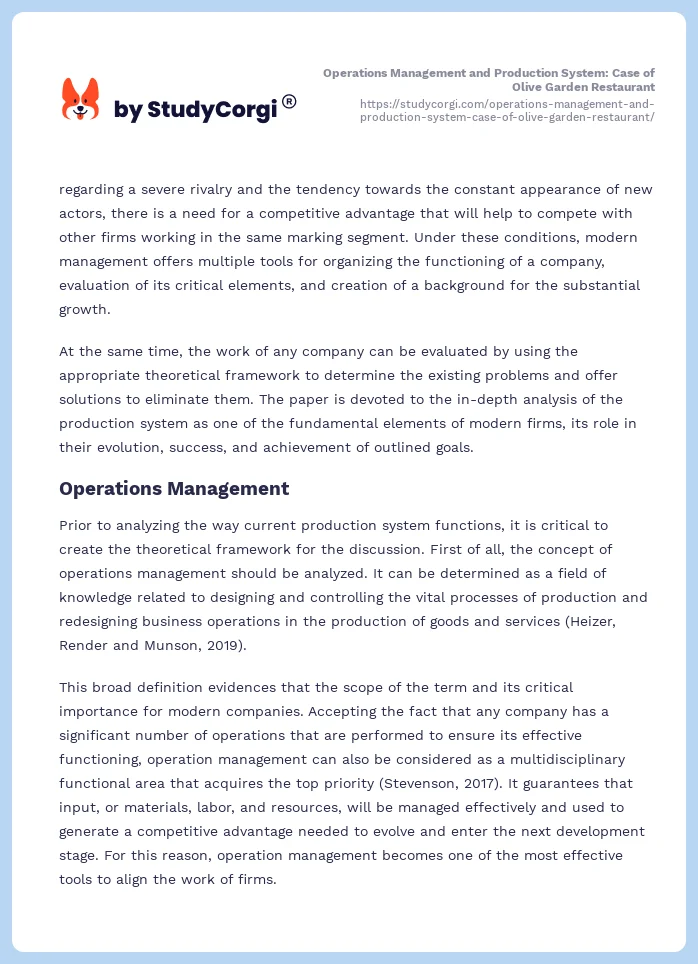 Operations Management and Production System: Case of Olive Garden Restaurant. Page 2