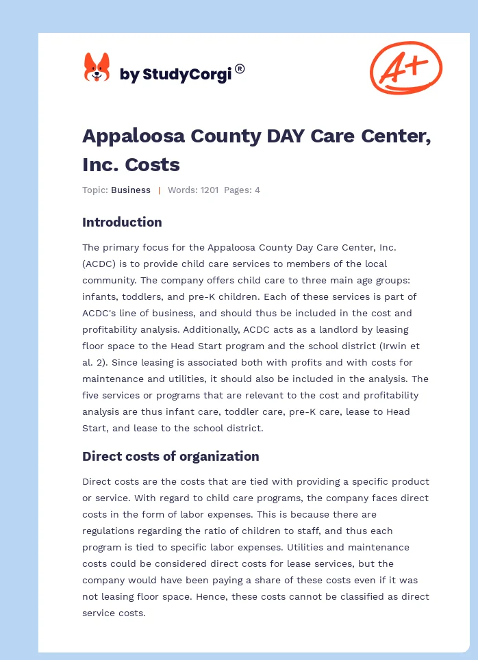 Appaloosa County DAY Care Center, Inc. Costs. Page 1