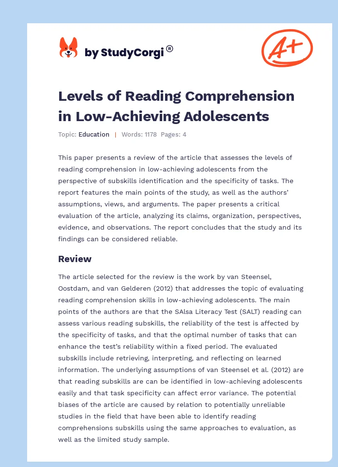 Levels of Reading Comprehension in Low-Achieving Adolescents. Page 1