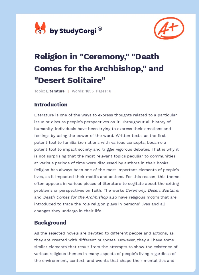 Religion in "Ceremony," "Death Comes for the Archbishop," and "Desert Solitaire". Page 1