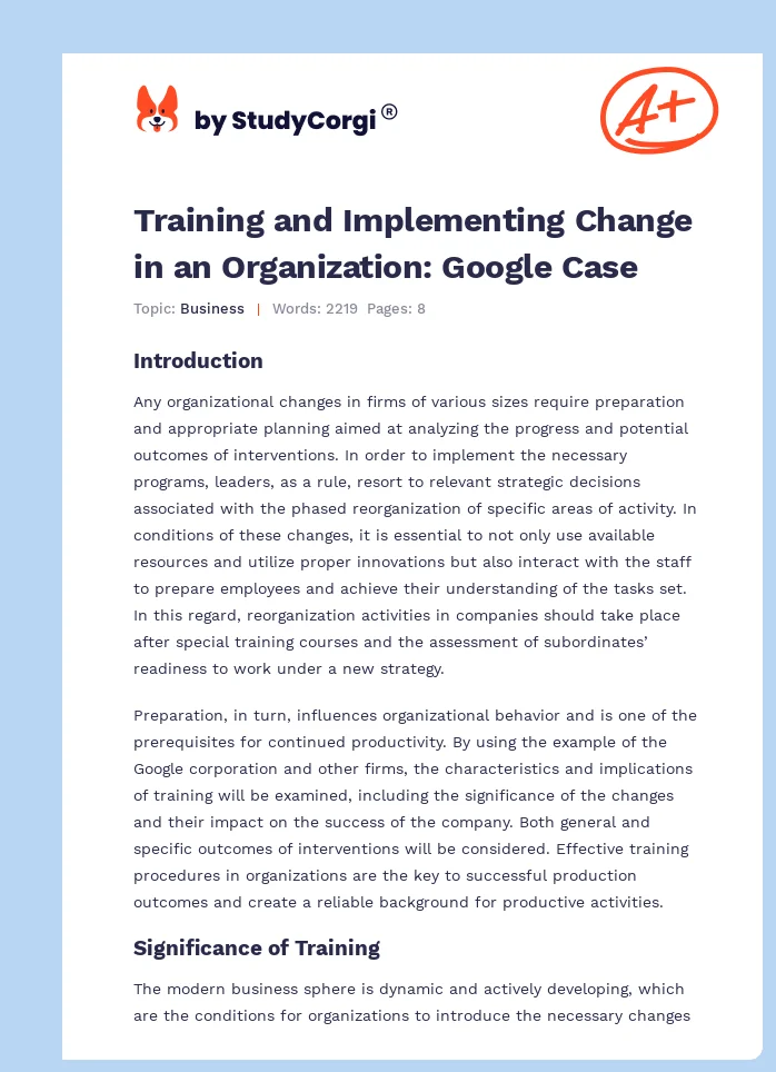 Training and Implementing Change in an Organization: Google Case. Page 1