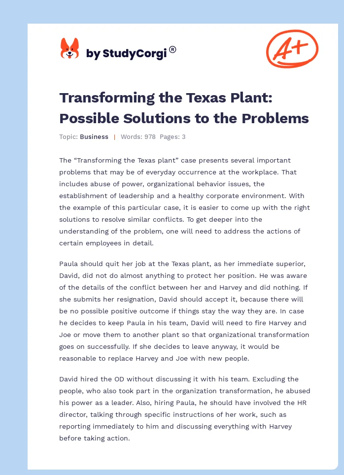 Transforming the Texas Plant: Possible Solutions to the Problems. Page 1