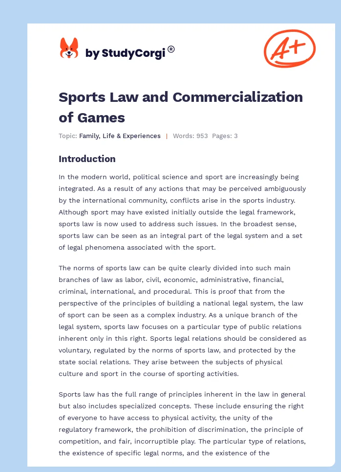 Sports Law and Commercialization of Games. Page 1