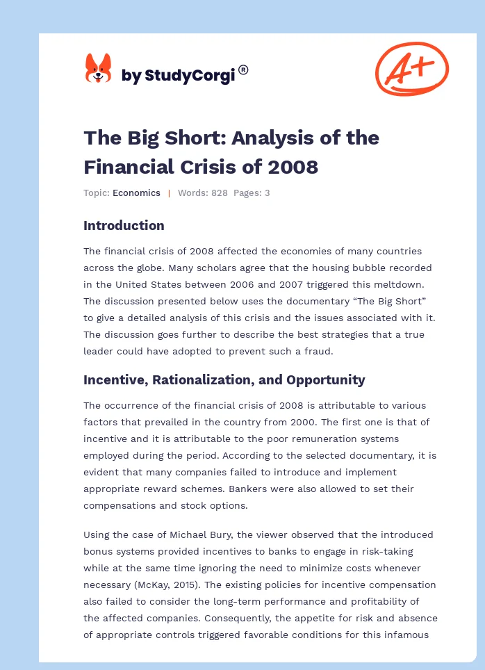 The Big Short: Analysis of the Financial Crisis of 2008. Page 1