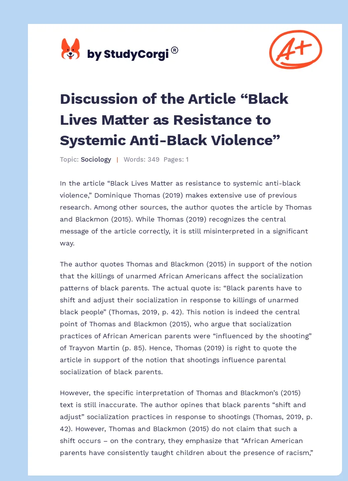Discussion of the Article “Black Lives Matter as Resistance to Systemic Anti-Black Violence”. Page 1