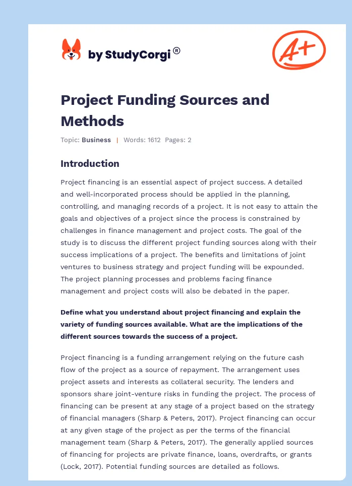 Project Funding Sources and Methods. Page 1