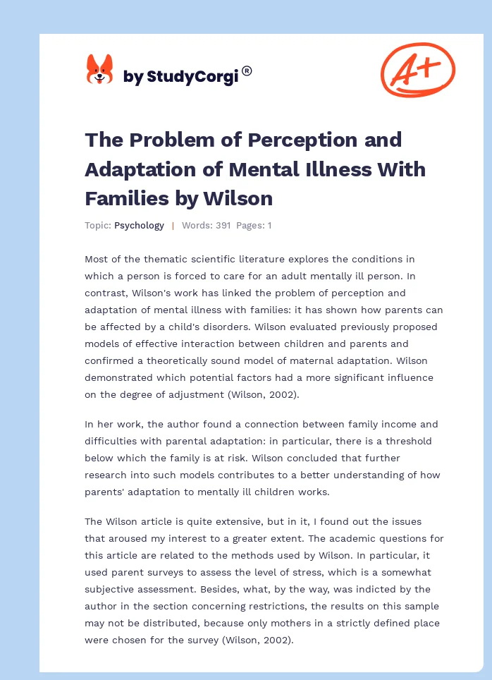 The Problem of Perception and Adaptation of Mental Illness With Families by Wilson. Page 1