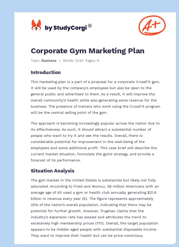 Corporate Gym Marketing Plan. Page 1