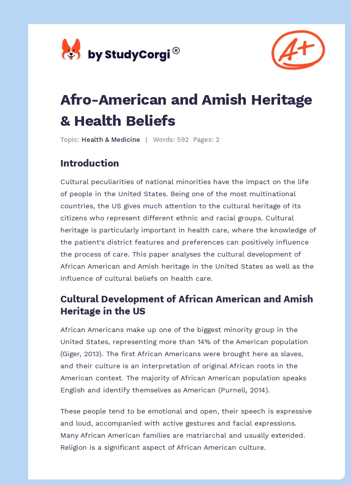 Afro-American and Amish Heritage & Health Beliefs. Page 1