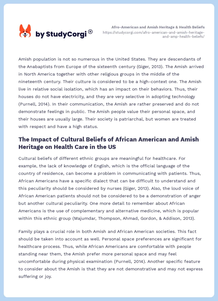 Afro-American and Amish Heritage & Health Beliefs. Page 2