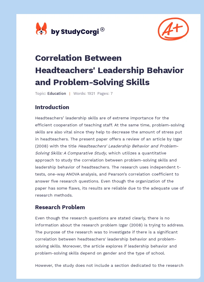 Correlation Between Headteachers' Leadership Behavior and Problem-Solving Skills. Page 1