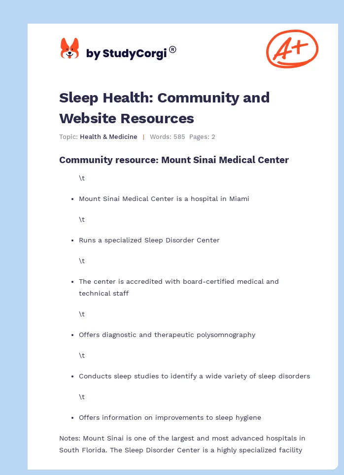 Sleep Health: Community and Website Resources. Page 1