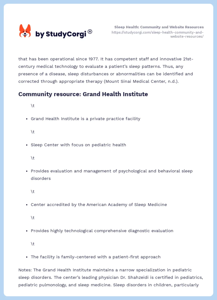 Sleep Health: Community and Website Resources. Page 2