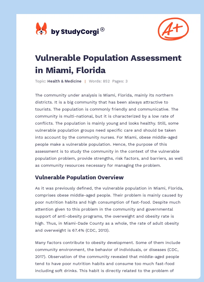 Vulnerable Population Assessment in Miami, Florida. Page 1