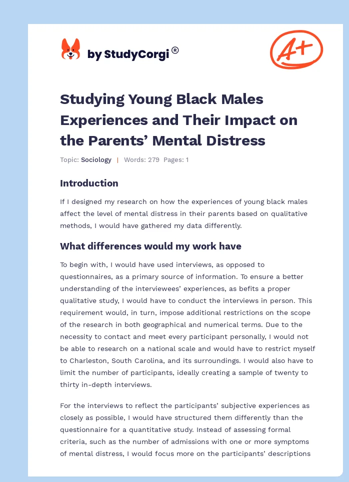 Studying Young Black Males Experiences and Their Impact on the Parents’ Mental Distress. Page 1