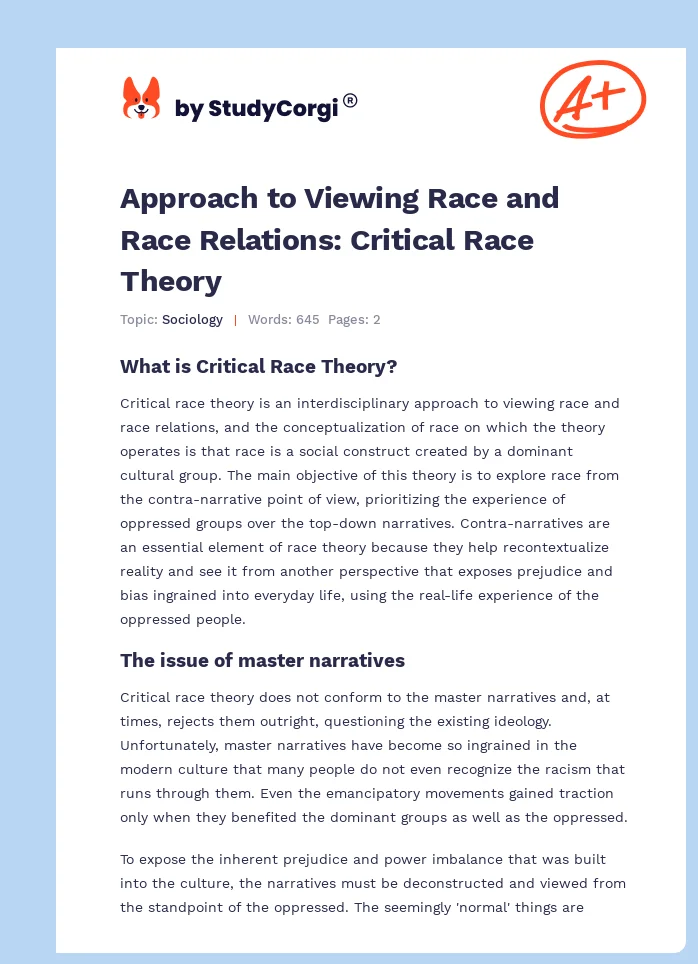 Approach to Viewing Race and Race Relations: Critical Race Theory. Page 1