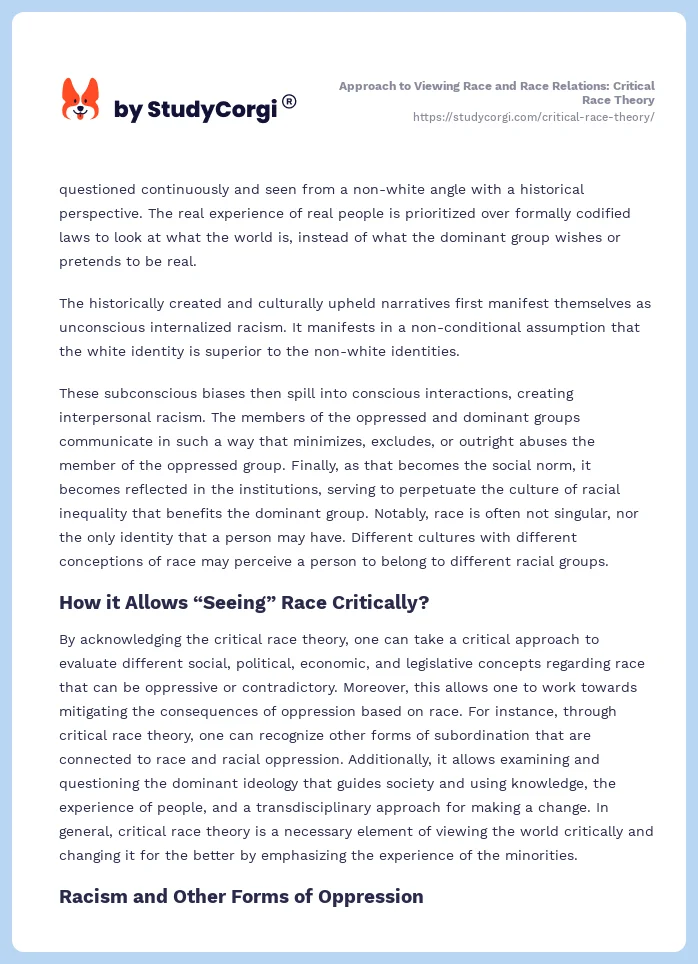 Approach to Viewing Race and Race Relations: Critical Race Theory. Page 2
