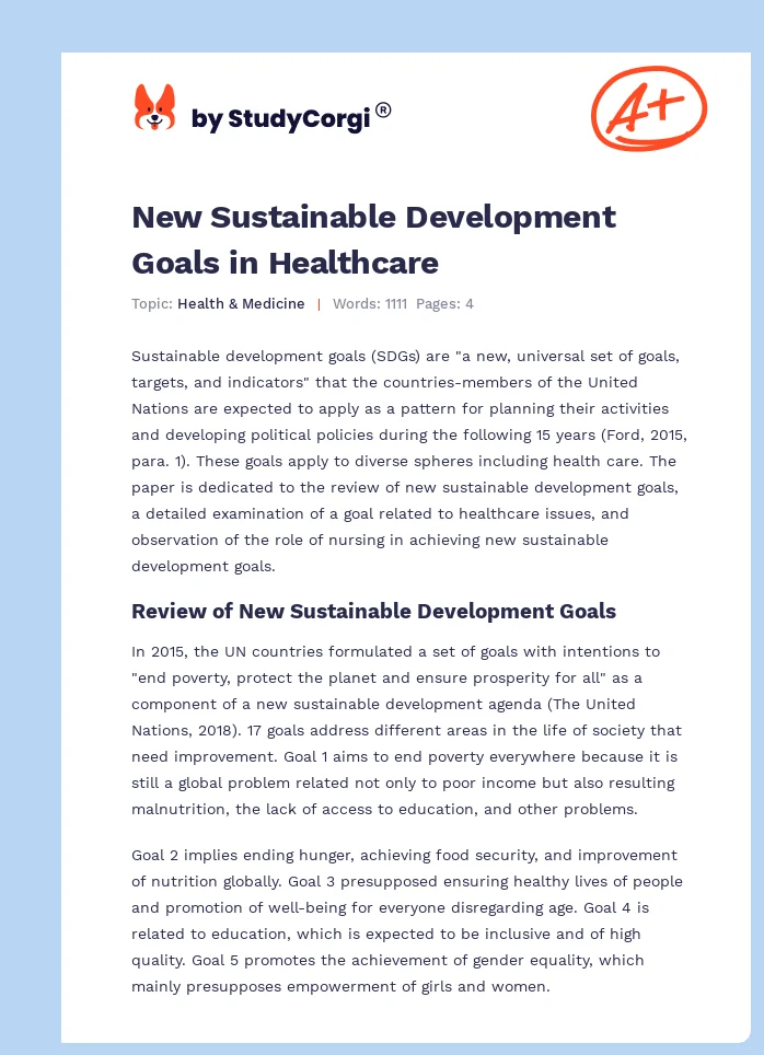 New Sustainable Development Goals in Healthcare. Page 1