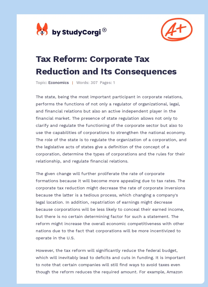 Tax Reform: Corporate Tax Reduction and Its Consequences. Page 1