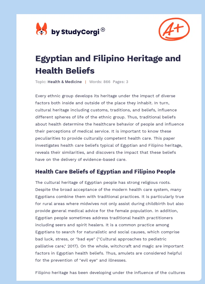 Egyptian and Filipino Heritage and Health Beliefs. Page 1