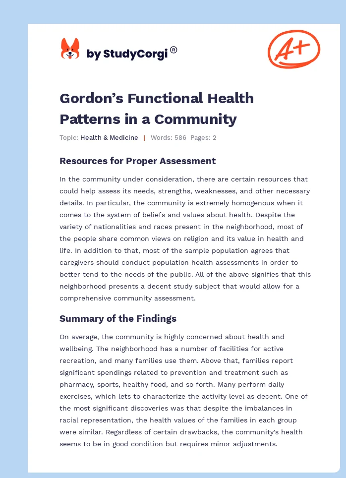 Gordon’s Functional Health Patterns in a Community. Page 1