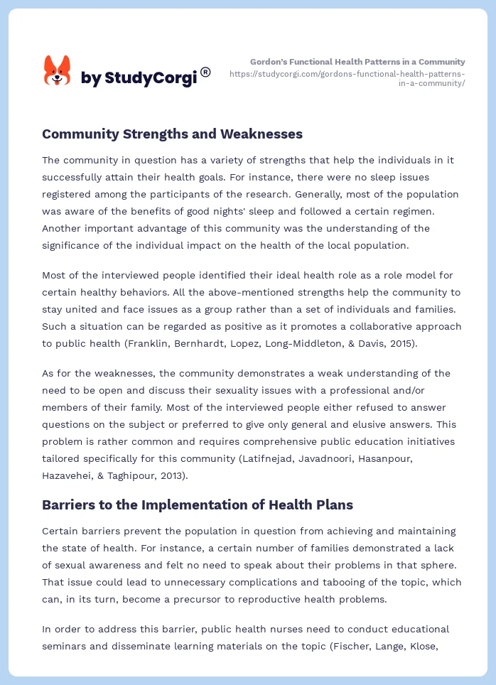 Gordon’s Functional Health Patterns in a Community. Page 2