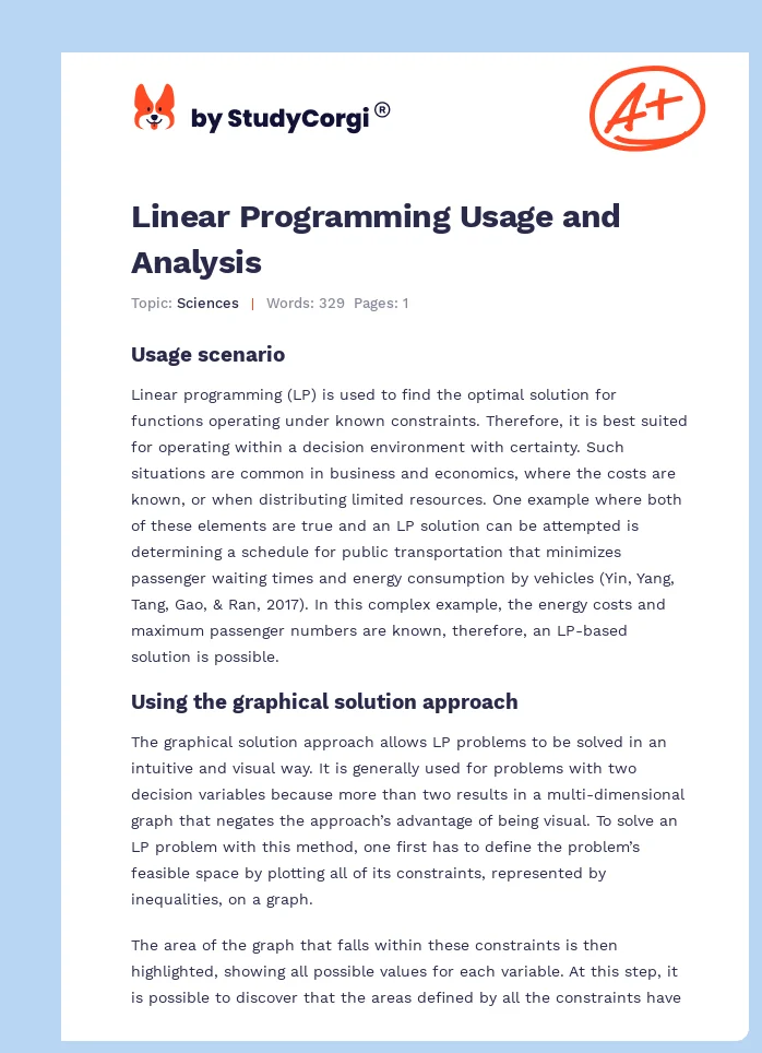 Linear Programming Usage and Analysis. Page 1
