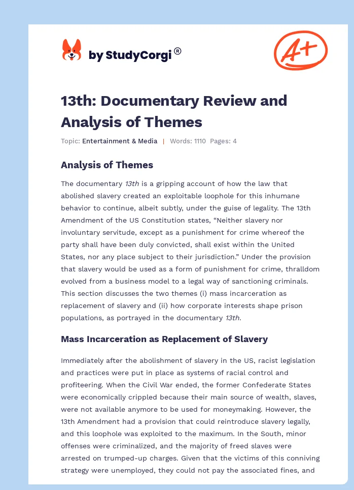 13th: Documentary Review and Analysis of Themes. Page 1
