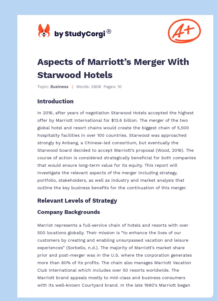 Aspects of Marriott’s Merger With Starwood Hotels. Page 1