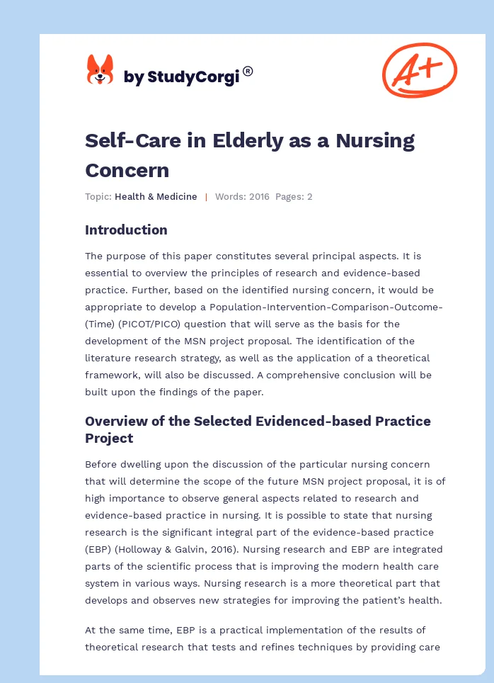 Self-Care in Elderly as a Nursing Concern. Page 1