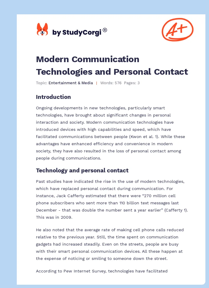 Modern Communication Technologies and Personal Contact. Page 1