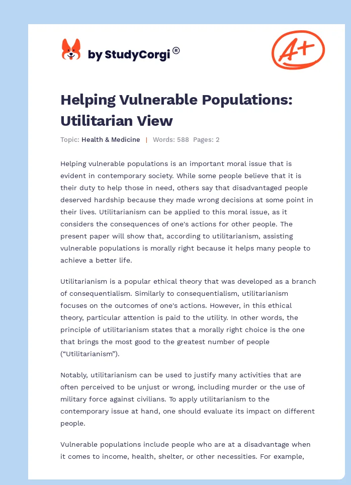 Helping Vulnerable Populations: Utilitarian View. Page 1