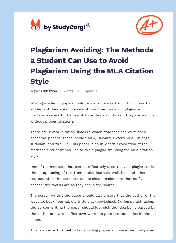 Plagiarism Avoiding: The Methods a Student Can Use to Avoid Plagiarism Using the MLA Citation Style. Page 1
