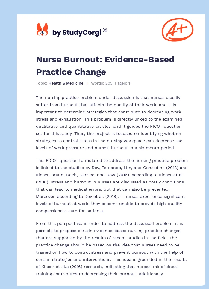 Nurse Burnout: Evidence-Based Practice Change. Page 1