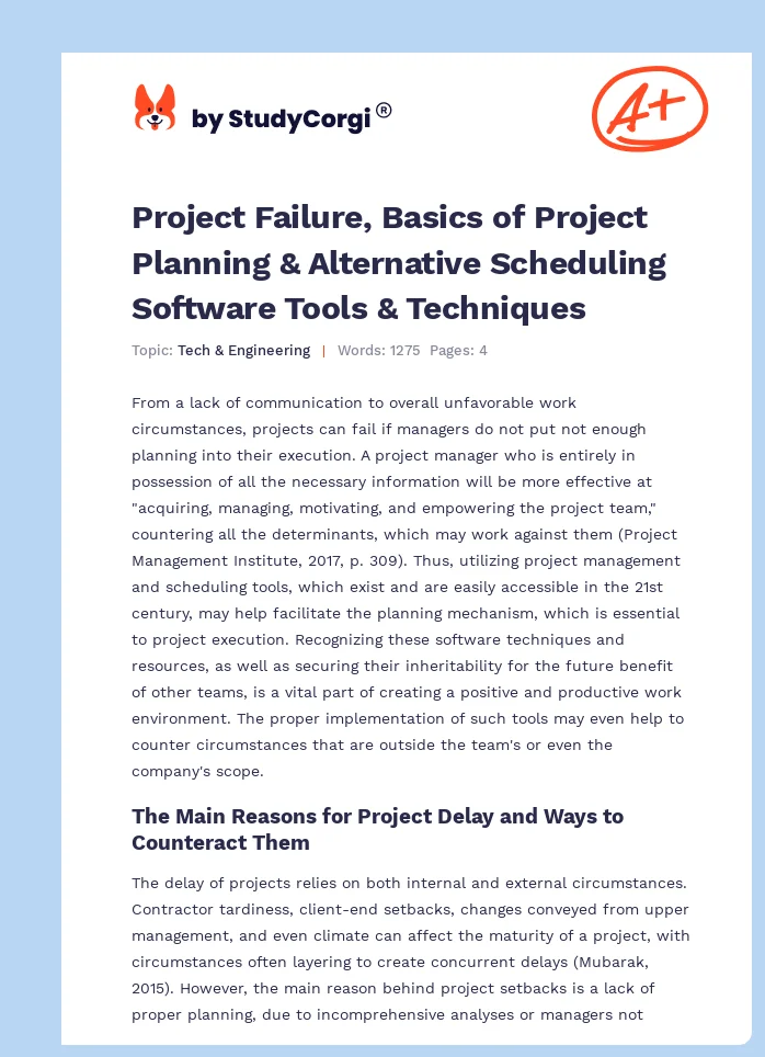 Project Failure, Basics of Project Planning & Alternative Scheduling Software Tools & Techniques. Page 1