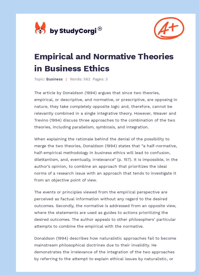 Empirical and Normative Theories in Business Ethics. Page 1