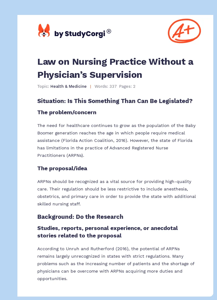 Law on Nursing Practice Without a Physician’s Supervision. Page 1