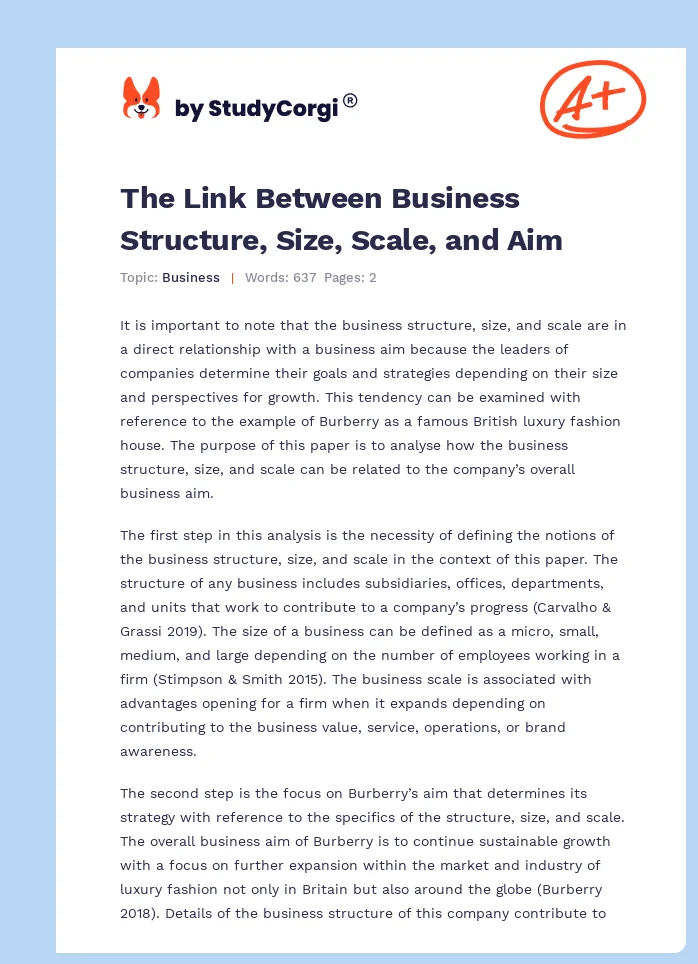 The Link Between Business Structure, Size, Scale, and Aim. Page 1