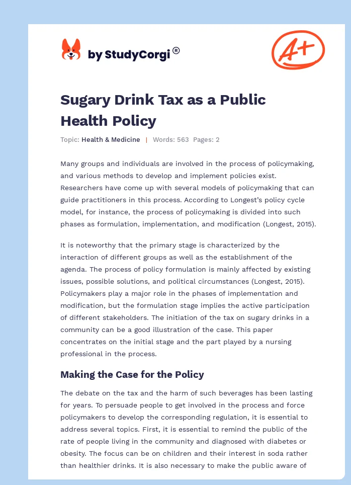 Sugary Drink Tax as a Public Health Policy. Page 1