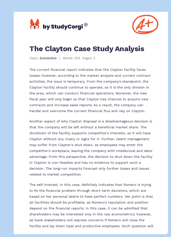 The Clayton Case Study Analysis. Page 1
