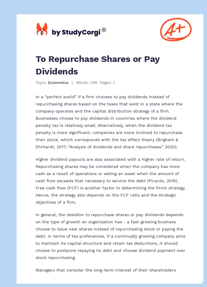 To Repurchase Shares or Pay Dividends. Page 1