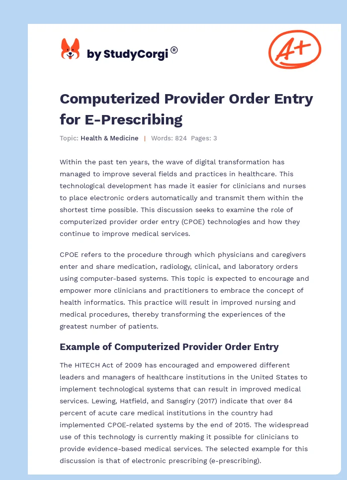 Computerized Provider Order Entry for E-Prescribing. Page 1